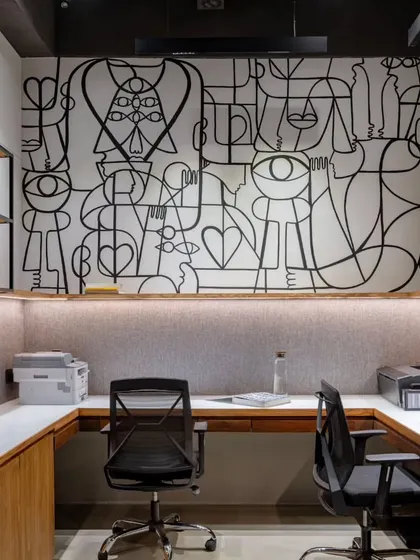 A monochrome line-art mural titled 'The Third Eye' for a Hacker Kitchens office. The artwork fills the workspace with a sense of creative energy and freedom, turning a functional area into an inspiring one.