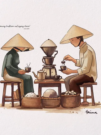 An illustration capturing the essence of Vietnamese coffee culture. I enjoy creating detailed scenes that tell a cultural story, perfect for editorial use or as a unique piece of travel art.