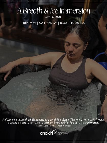 A participant finds her center during a breath and ice immersion. This advanced blend of breathwork and cold therapy is designed to push limits and build unbreakable strength.