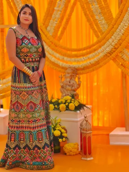 My colorful outfit for a Haldi function at Karma Lakelands. The traditional backdrop with a Ganesha idol set a pious and festive tone for the celebration.