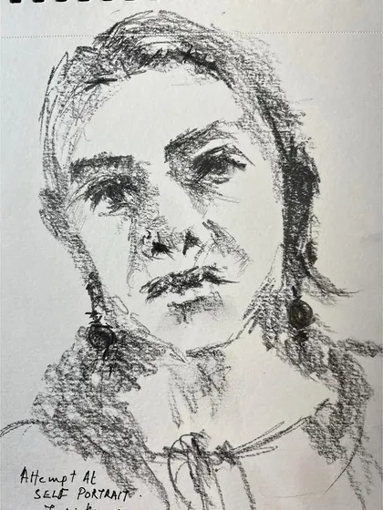 An attempt at a self-portrait sketch in graphite, looking in the mirror. This was a tough one for Day 7 of the Urban Sketchers week, but it's all about practice.