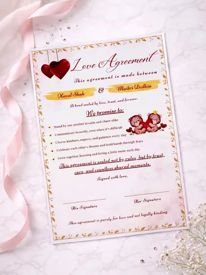 A promise sealed with love, not rules. This personalized Love Agreement is a unique and meaningful keepsake for couples, customized with your names and promises.