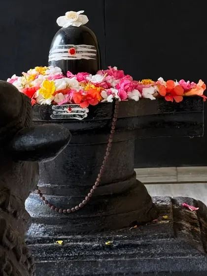 A sacred Shivling adorned with flowers. My spiritual journey has been a leap of faith, a dive into devotion to connect with the source. This image represents the divine grace and peace I found in that surrender.
