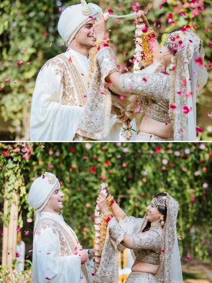 A collage capturing the playful and joyous varmala exchange between the bride and groom.