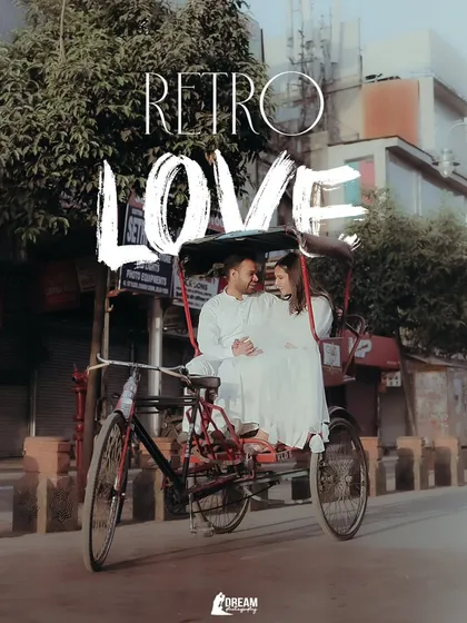 "Retro Love" in the heart of Old Delhi. This shot captures a vintage vibe, using a classic cycle rickshaw to create a unique and charming pre-wedding photo in Chandni Chowk.