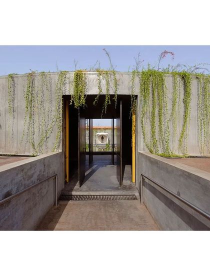 The entrance to the sunken memorabilia gallery, where cascading plants hang over the raw concrete walls. This threshold marks the transition from the open landscape to a more intimate, reflective space, framing a view of the water court beyond.