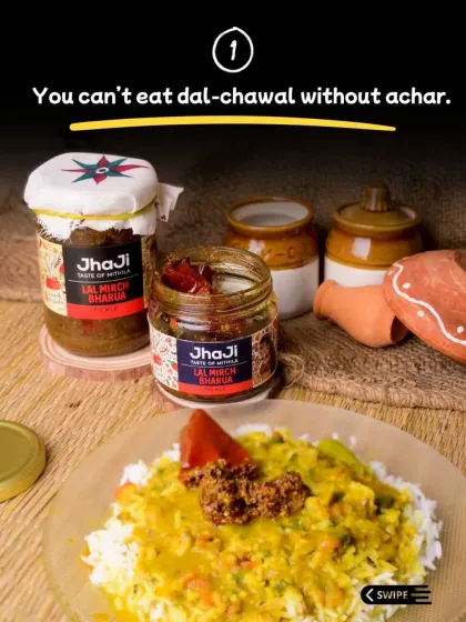 The number one sign you're an achar lover: you can't eat dal-chawal without it. This image shows our Lal Mirch Bharua completing a plate of dal and rice.