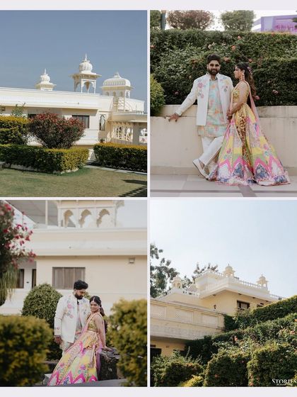 Ronak and Garvita's portraits set against the beautiful facade of their Udaipur wedding venue, highlighting their colorful, modern outfits.