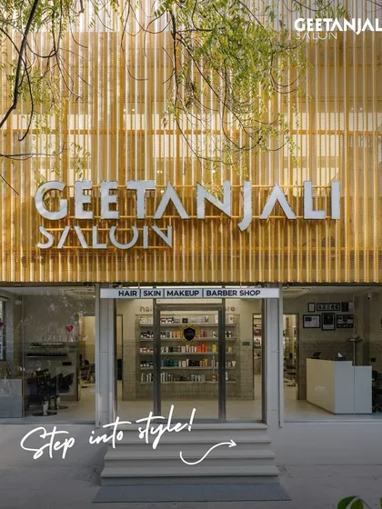 Welcome to the Geetanjali experience. The exterior of our Vasant Kunj salon reflects the luxury and style that awaits you inside, promising a premium service from the moment you arrive.