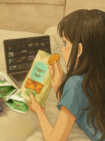 Even in the Ghibli world, my snacks are the perfect companion for binge-watching your favourite shows. This illustration captures that cozy, happy moment.