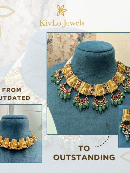 From outdated to outstanding. This classic gold hasli was given a complete revival with the addition of kundan fillers, pearl backing to increase its size, and beautiful dangling charms.