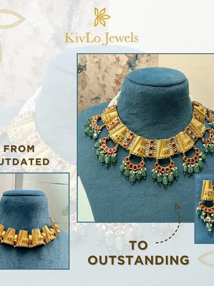From outdated to outstanding. This classic gold hasli was given a complete revival with the addition of kundan fillers, pearl backing to increase its size, and beautiful dangling charms.