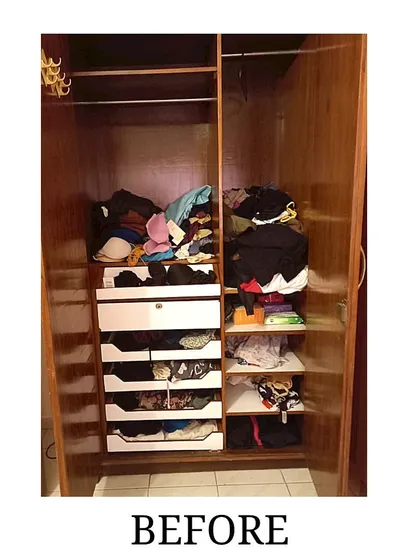 Before: Another angle of the student's wardrobe, showing how difficult it was to find anything in the jumbled piles.
