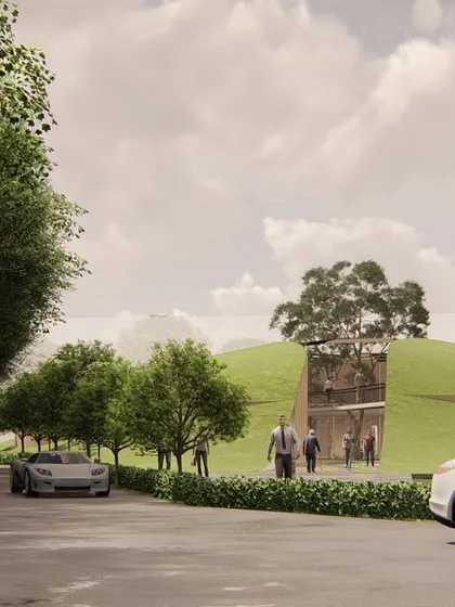 This is a view of our "landscraper" office concept in Dudu, designed for a stone company. The building is integrated into the landscape to create a cooler internal environment, offering a stark contrast to the typical industrial structures in the area.