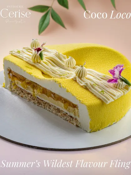 This is my first-ever entremet creation, Coco Loco. It shows how I love to play with balance. Inside, you will find a tropical conversation between pineapple, passionfruit, coconut, and white chocolate, with a light vanilla mousse to tie it all together.