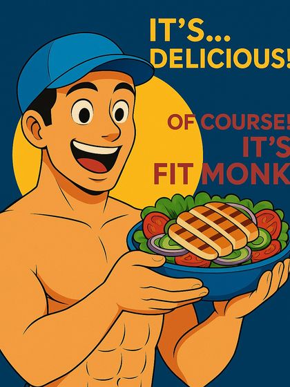 "It's... delicious! Of course! It's Fit Monk." The final panel reveals the truth. With my meals, you can have a sick bod and eat delicious food too.