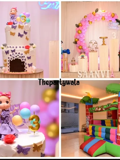 I can also help arrange for fun activities like a bouncy castle and themed cakes to go with your decorations. This collage shows a princess theme with a cake and a jungle-themed bouncy castle.