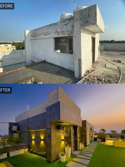 This basic rooftop structure was transformed into a modern architectural statement. We used a combination of textures, jaali patterns, and strategic lighting to give the building a completely new and upscale identity.