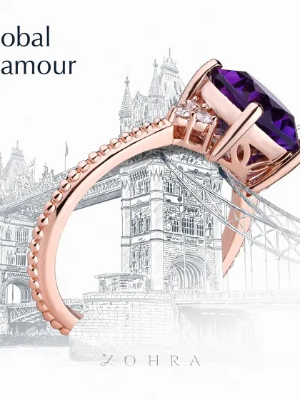 Global glamour. This image of a bespoke amethyst ring against the backdrop of London's Tower Bridge represents my commitment to serving clients worldwide with sophistication designed exclusively for them.