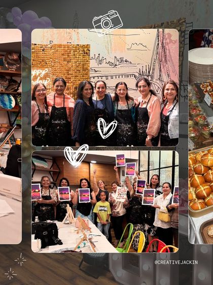 A collage from a magical 60th birthday celebration, showing the group painting, enjoying snacks, and celebrating together in a beautifully decorated space.