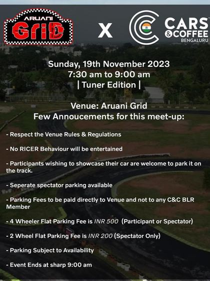 The official announcement for a Cars & Coffee 'Tuner Edition' meetup, detailing the rules and schedule. We work with clubs to ensure smooth and respectful events.