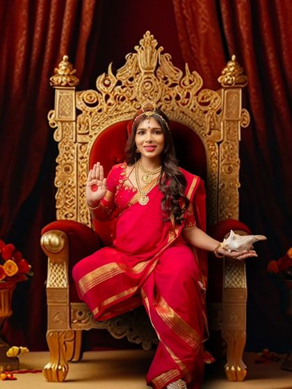 A mother, not just nurturing life, but embodying divine power. This regal portrait is a celebration of strength, grace, and the sacred journey of motherhood.