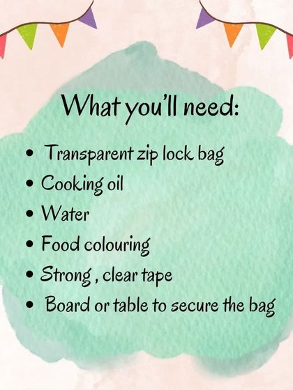 These graphics detail the materials, benefits, and instructions for creating a colorful oil and water sensory bag, introducing concepts like density in a tactile way.