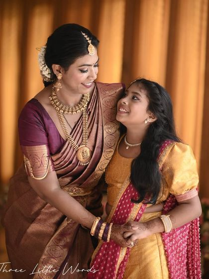 A picture-perfect moment between a mother and daughter. It was a joy to get this lovely client ready for a family wedding, creating an elegant and timeless South Indian look for her.