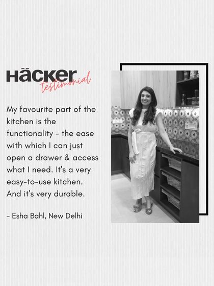 A testimonial from Esha Bahl of New Delhi, who loves the functionality and durability of her kitchen, highlighting the ease with which she can access everything she needs.