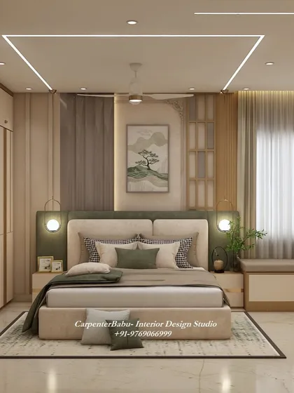 A bedroom with a cozy window seat, perfect for enjoying the view. The headboard wall features a beautiful nature-inspired painting, bringing a sense of calm to the space.