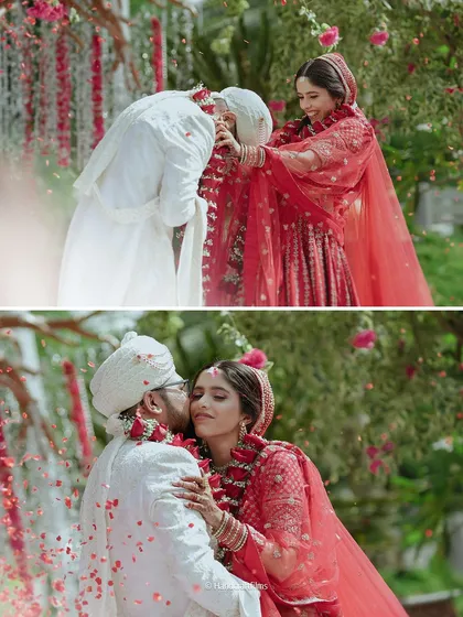 A collage capturing the love and romance of a wedding day. The couple's tender moments are beautifully captured amidst a shower of petals.