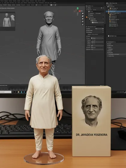 This is a model of Dr. Jayadeva Yogendra, who we called Dr. Sahab. As President of The Yoga Institute, he continued the legacy with deep wisdom and practical solutions, guiding people with his scholarly brilliance.