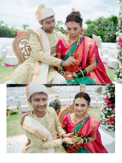 A collage of moments from a Maharashtrian wedding ceremony, showing the couple participating in the rituals together.