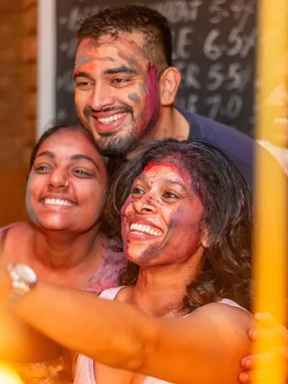 A happy selfie from our Holi party. It was a night of vibrant colors, music, and unforgettable memories.