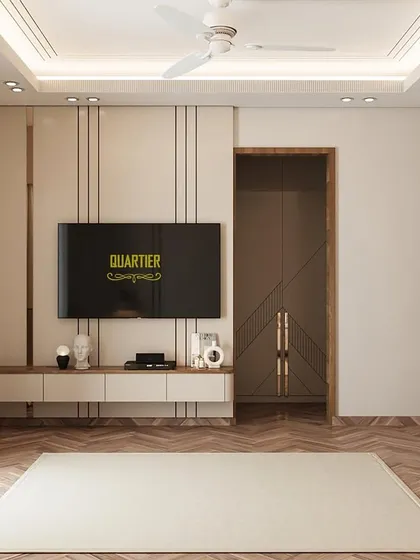 The TV unit wall from the same master bedroom render. The design continues the theme of vertical lines and includes a floating console, maintaining a clean and spacious feel.