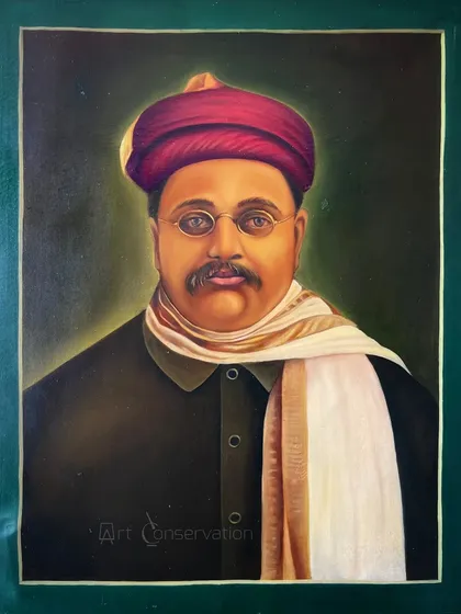 This is a fully restored oil portrait from 1935. Notice the rich colors in the red turban and the smooth skin tones, all brought back to their original glory after careful conservation work.