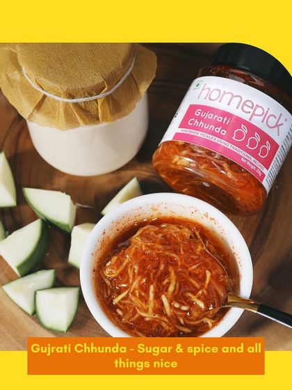 Sugar, spice, and everything nice. Our Gujarati Chhunda is a sweet and tangy shredded mango pickle that is a favourite among kids and adults alike.