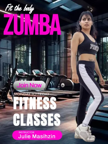 Ready to dance your way to fitness? My Zumba classes are all about high energy music and fun moves that make you forget you're even working out. Join our fitness classes from Monday to Friday to get your cardio in.