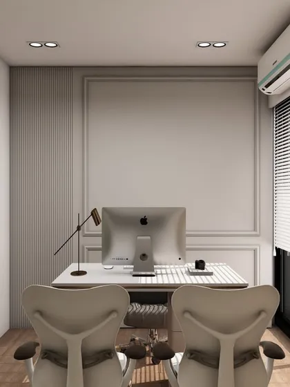 A minimalist home office setup with a clean white desk facing a window for natural light, perfect for focus and productivity.