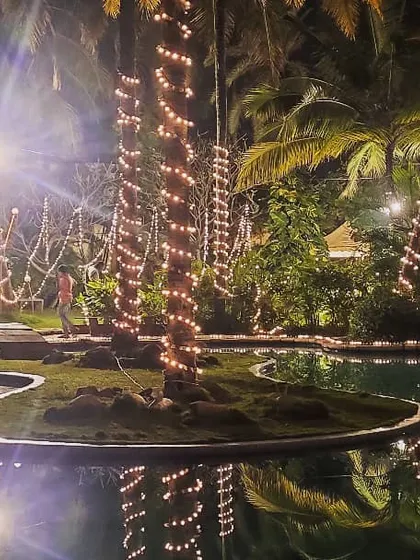 Our poolside area transforms into a spectacular venue at night, with lights wrapped around palm trees reflecting beautifully in the water.