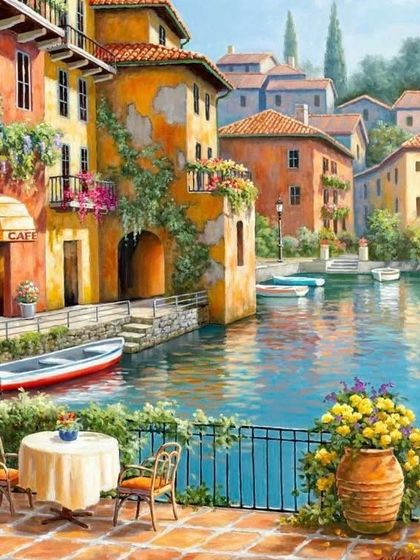 This poster for our advanced acrylic class features a vibrant European cityscape, showcasing the level of detail you can learn to create.