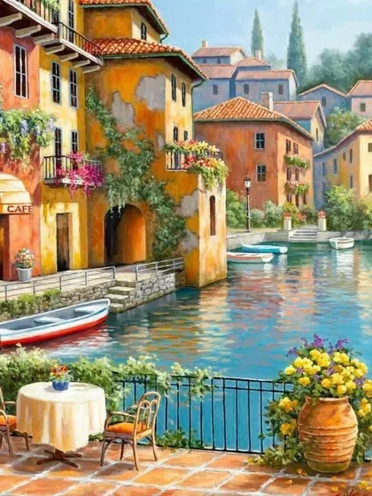 This poster for our advanced acrylic class features a vibrant European cityscape, showcasing the level of detail you can learn to create.
