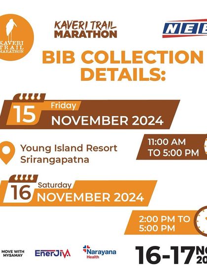 BIB collection details for Srirangapatna. Pick up your race kit at Young Island Resort on Friday or Saturday to get ready for the big day.