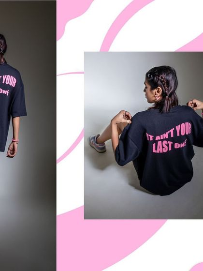 Another diptych showcasing the back print of an oversized tee. This visual strategy is great for digital campaigns, providing more content in a single, scroll-stopping post.