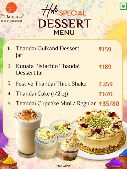 Our Holi Special Dessert Menu is full of festive flavors. It includes Thandai dessert jars, thick shakes, cakes, and cupcakes to make your celebration colorful and sweet.