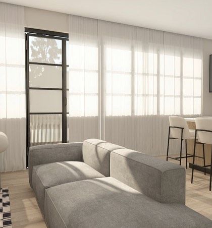 The view from the sofa towards the kitchen island in our Scandinavian design concept.
