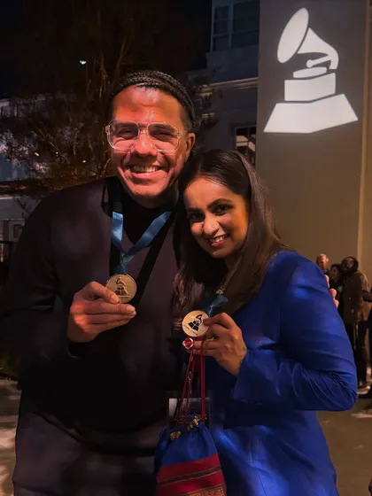 Holding our nominee medals with my brother and collaborator, Hamilton de Holanda. Sharing this achievement with friends makes it so much more special.