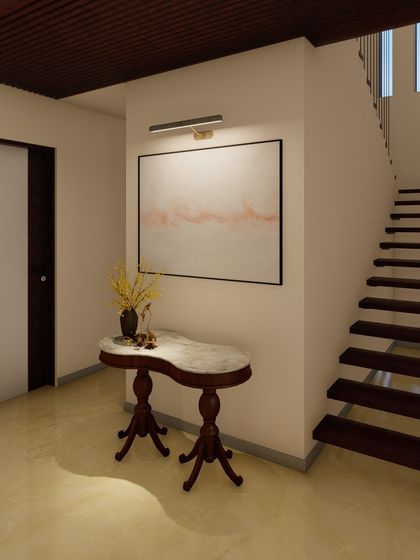 A simple yet elegant entryway with a floating staircase, a classic console table, and abstract art. This space sets a welcoming and sophisticated tone for the rest of the home.