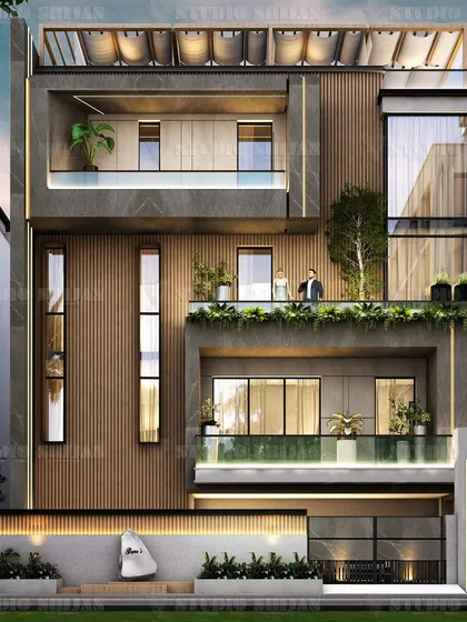 The front elevation for the Shalimar Bagh residence. This design emphasizes verticality with wood-look slats and large glass panes, while green planters on the balconies add a touch of nature to the modern structure.
