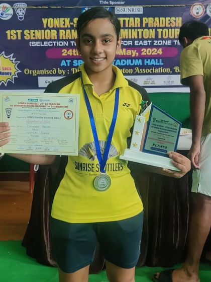 **Senior Ranking Tournament Silver.** Divyanshi Gautam with her silver medal and trophy from the Girls' Singles event at the UP Senior Ranking Tournament.